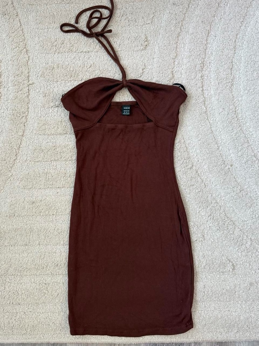 SHEIN Chocolate Brown Halter Ribbed Mini Dress